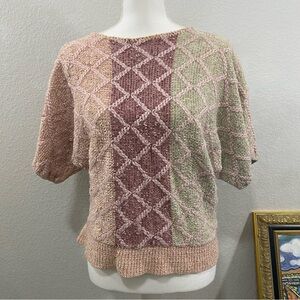 Vintage‎ Amana Knit Sweater in Pink and Green, Rayon Blend, Some Yarn Pulling